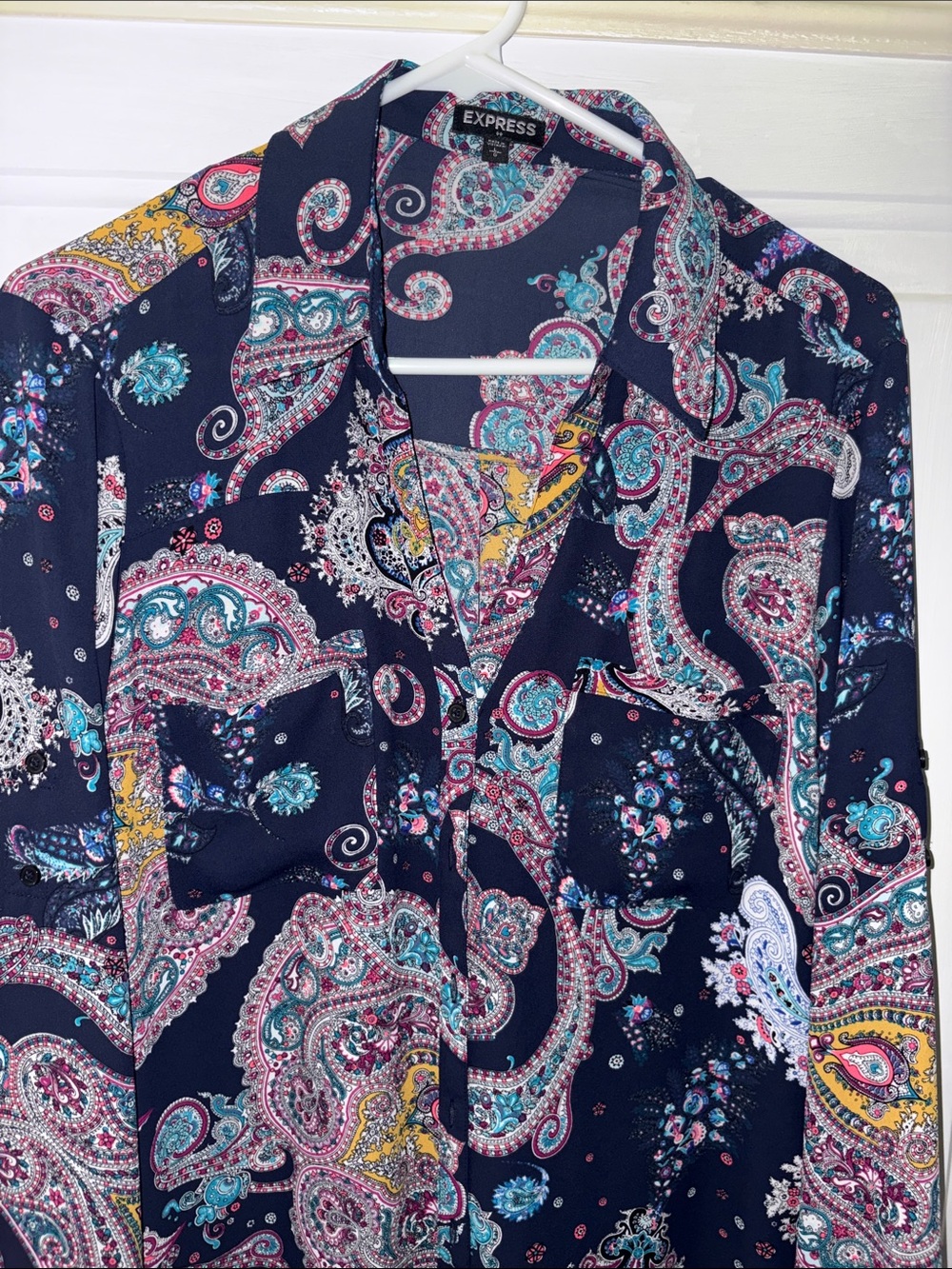 Express Paisley Button-Down Blouse in Navy with Teal, Pink & Yellow Accents - Picture 3 of 4